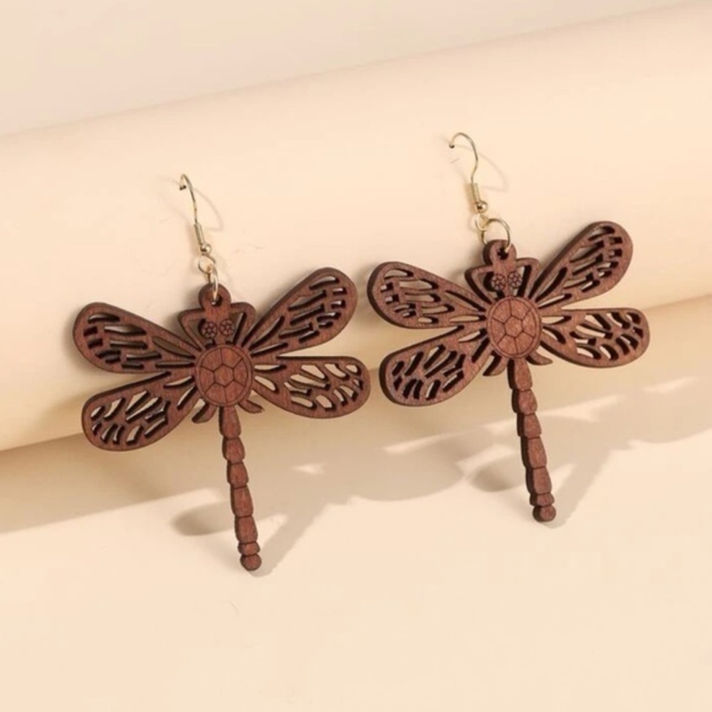Hollow Out Dragonfly Drop Earrings Wood Golden Post - Picture 1 of 7